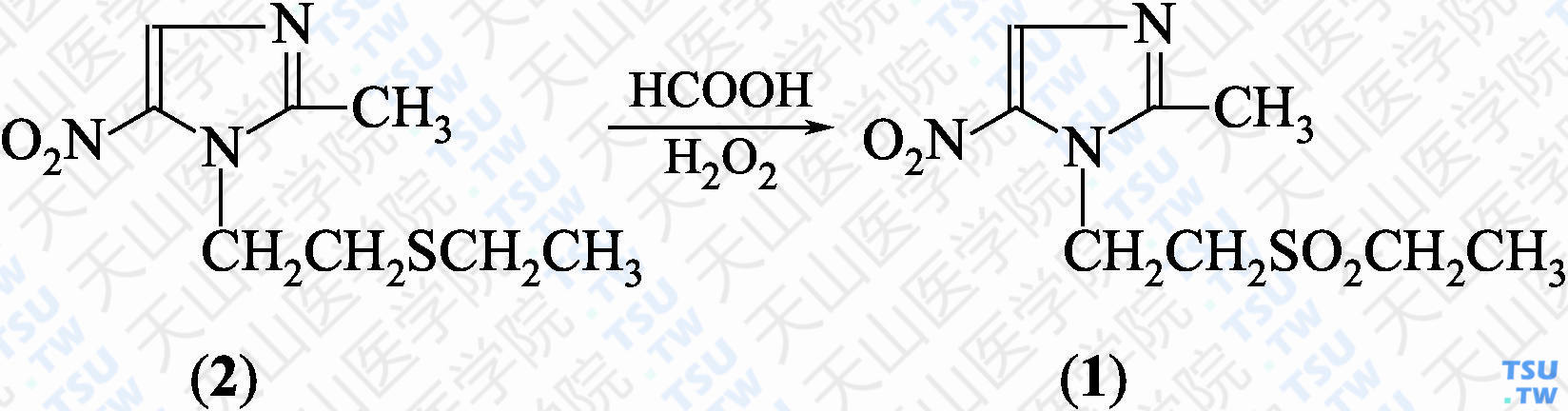 替硝唑（分子式：C<sub>8</sub>H<sub>13</sub>N<sub>3</sub>O<sub>4</sub>S）的合成方法路线及其结构式