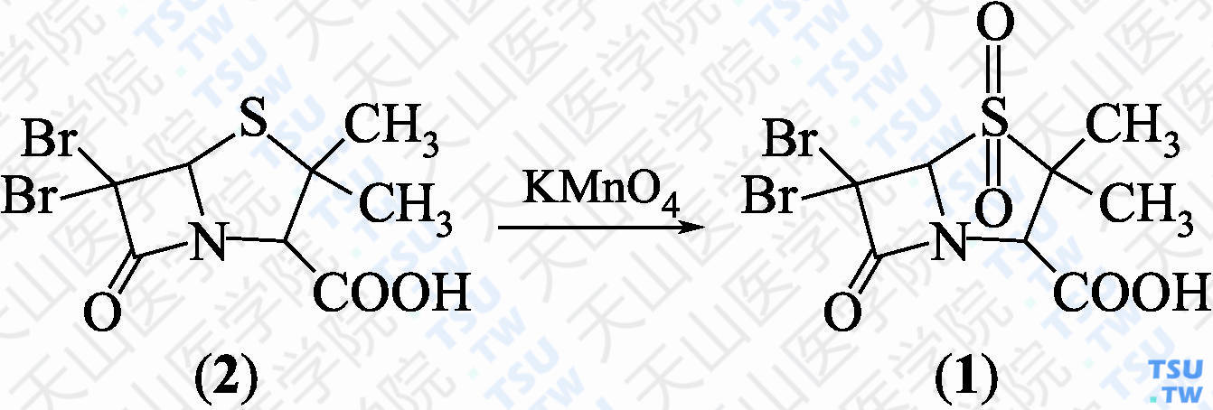 6<i>α</i>，6<i>β</i>-二溴-1，1-二氧青霉烷酸 （分子式：C<sub>8</sub>H<sub>9</sub>Br<sub>2</sub>NO<sub>5</sub>S）的合成方法路线及其结构式