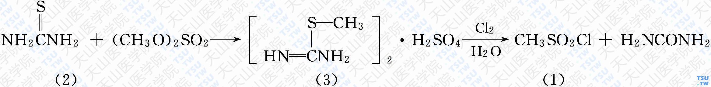 甲基磺酰氯（分子式：CH<sub>3</sub>ClO<sub>2</sub>S）的合成方法路线及其结构式