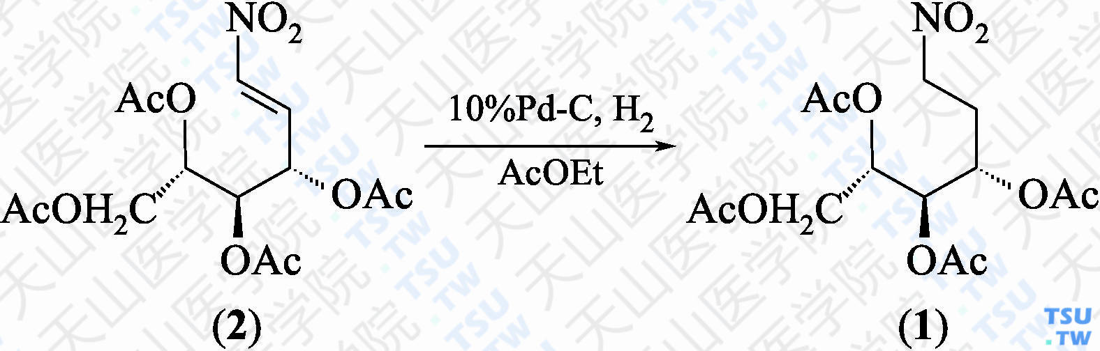 3，4，5，6-四-<i>O</i>-乙酰基-1，2-二脱氧-1-硝基-L-阿拉伯型-己糖醇（分子式：C<sub>14</sub>H<sub>21</sub>NO<sub>10</sub>）的合成方法路线及其结构式