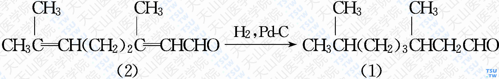 3，7-二甲基辛醛（分子式：C<sub>10</sub>H<sub>20</sub>O）的合成方法路线及其结构式