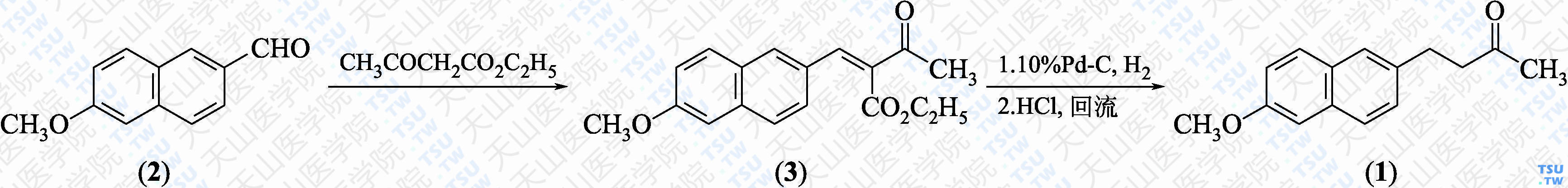 萘丁美酮（分子式：C<sub>15</sub>H<sub>16</sub>O<sub>2</sub>）的合成方法路线及其结构式