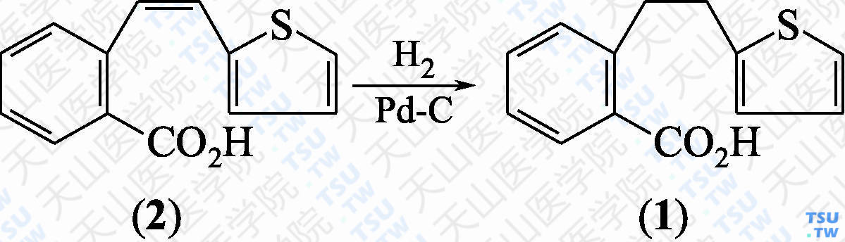 2-[<i>β</i>-（2-噻吩基）乙基]苯甲酸（分子式：C<sub>13</sub>H<sub>12</sub>O<sub>2</sub>S）的合成方法路线及其结构式