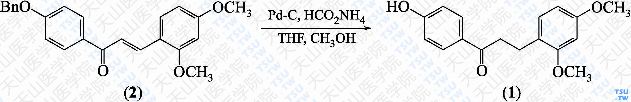 4'-羟基-2，4-二甲氧基二氢查尔酮（分子式：C<sub>17</sub>H<sub>18</sub>O<sub>4</sub>）的合成方法路线及其结构式