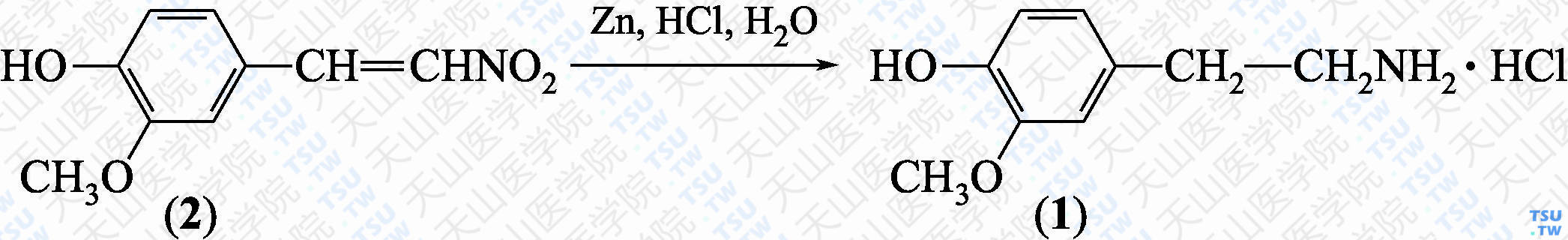 3-甲氧基-4-羟基苯乙胺盐酸盐（分子式：C<sub>9</sub>H<sub>13</sub>NO<sub>2</sub>·HCl）的合成方法路线及其结构式