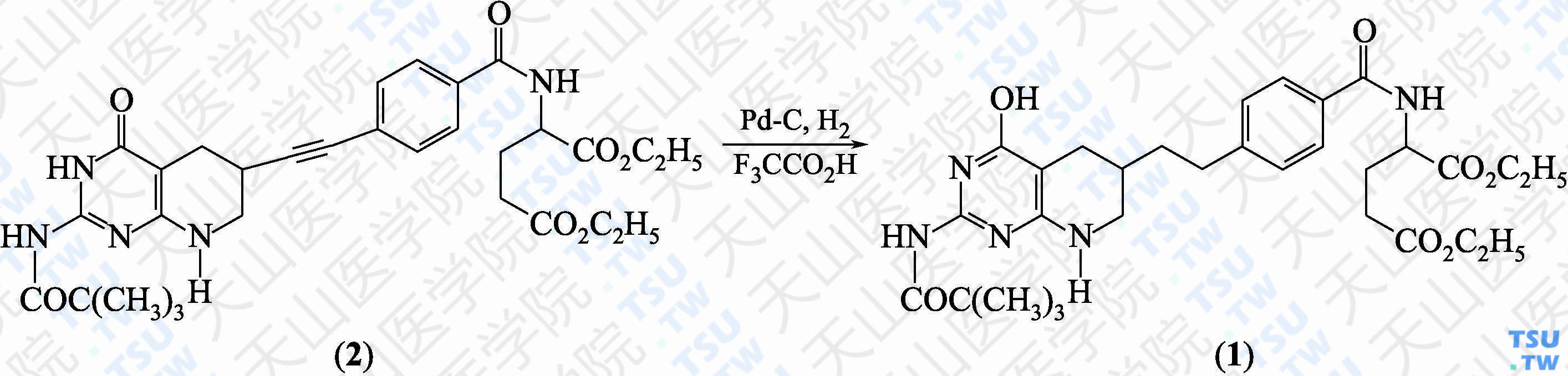 <i>N</i>-[4-[2-（新戊酰氨基）-4-羟基-5，6，7，8-四氢吡啶并[2，3-<i>d</i>]嘧啶-6-基乙基]苯甲酰基]-L-谷氨酸二乙酯（分子式：C<sub>30</sub>H<sub>41</sub>N<sub>5</sub>O<sub>7</sub>）的合成方法路线及其结构式