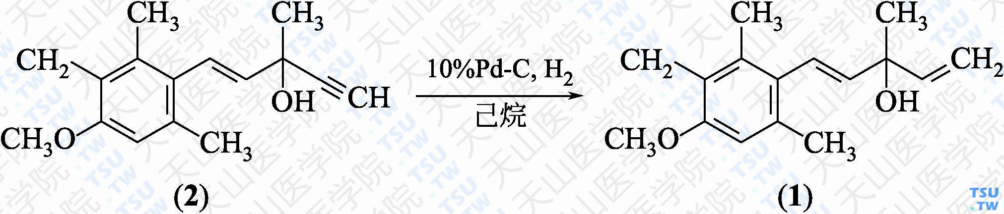 （<i>E</i>）-1-（4-甲氧基-2，3，6-三甲基苯基）-3-甲基戊-1，4-二烯-3-醇（分子式：C<sub>16</sub>H<sub>21</sub>O<sub>2</sub>）的合成方法路线及其结构式