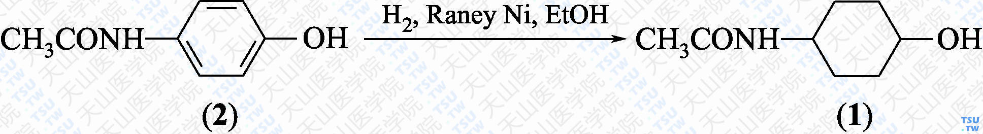 4-乙酰氨基环己醇（分子式：C<sub>8</sub>H<sub>15</sub>NO<sub>2</sub>）的合成方法路线及其结构式