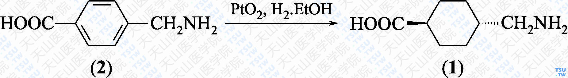 反式-4-氨甲基环己烷羧酸（分子式：C<sub>8</sub>H<sub>15</sub>NO<sub>2</sub>）的合成方法路线及其结构式