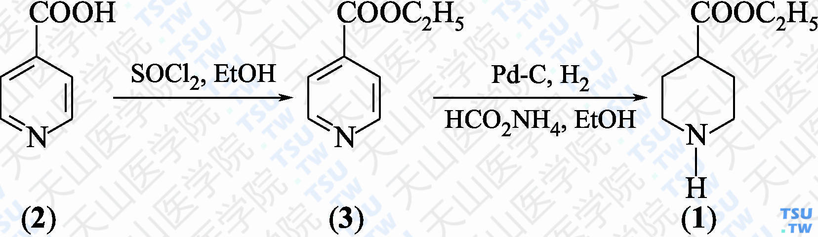 4-哌啶甲酸乙酯（分子式：C<sub>8</sub>H<sub>15</sub>NO<sub>2</sub>）的合成方法路线及其结构式