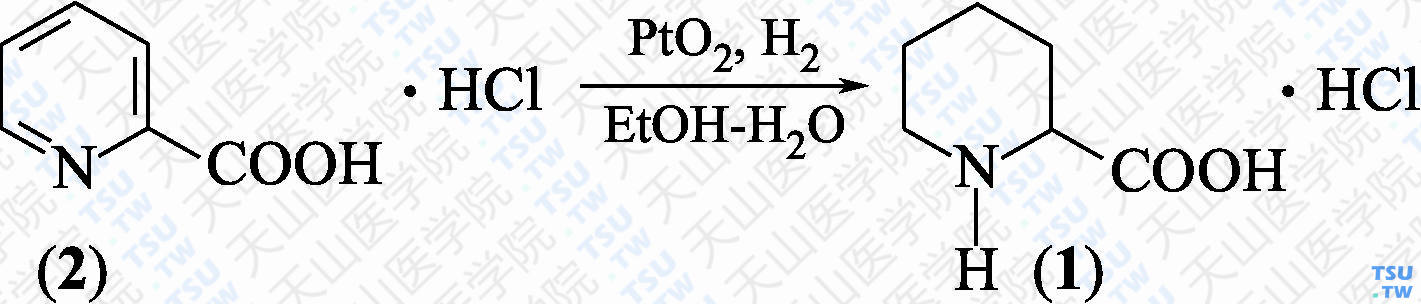 哌啶-2-甲酸盐酸盐（分子式：C<sub>6</sub>H<sub>11</sub>NO<sub>2</sub>·HCl）的合成方法路线及其结构式