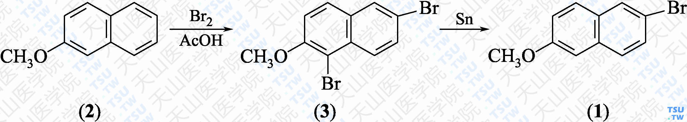 6-溴-2-甲氧基萘（分子式：C<sub>11</sub>H<sub>9</sub>OBr）的合成方法路线及其结构式