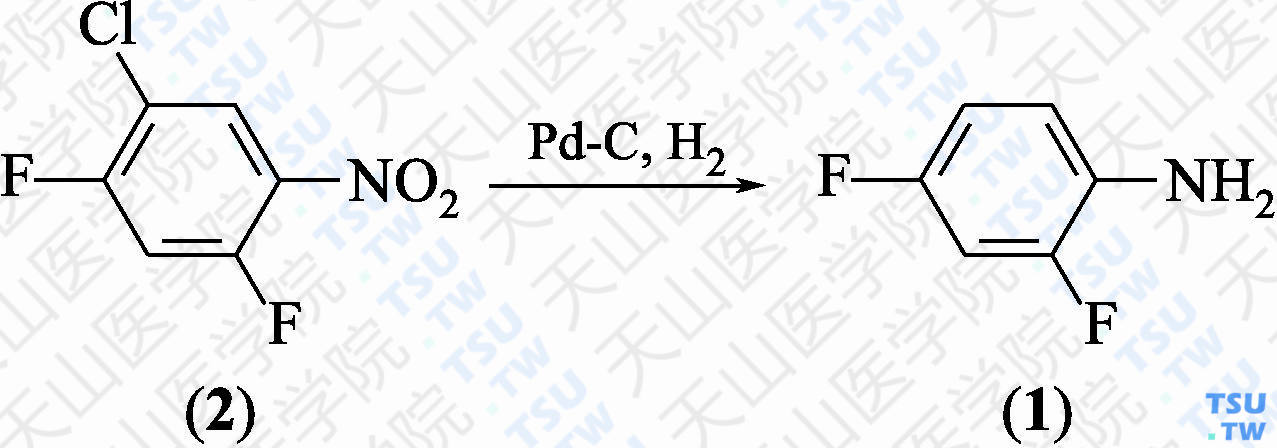 2，4-二氟苯胺（分子式：C<sub>6</sub>H<sub>5</sub>F<sub>2</sub>N）的合成方法路线及其结构式
