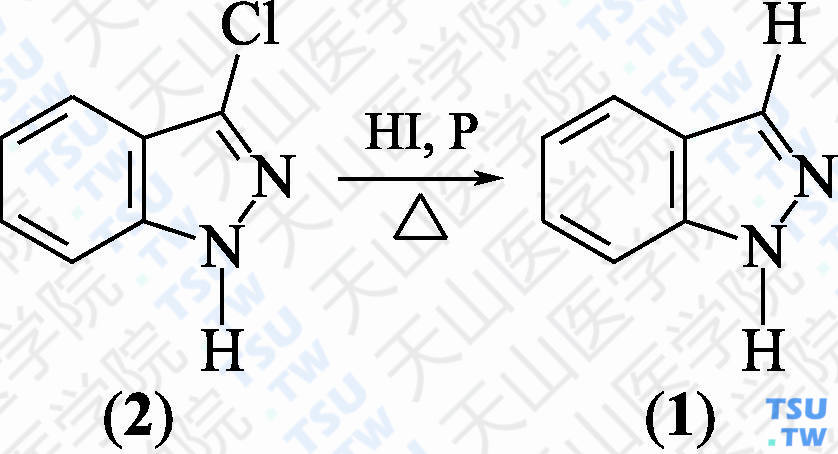 吲唑（分子式：C<sub>7</sub>H<sub>8</sub>N<sub>2</sub>）的合成方法路线及其结构式