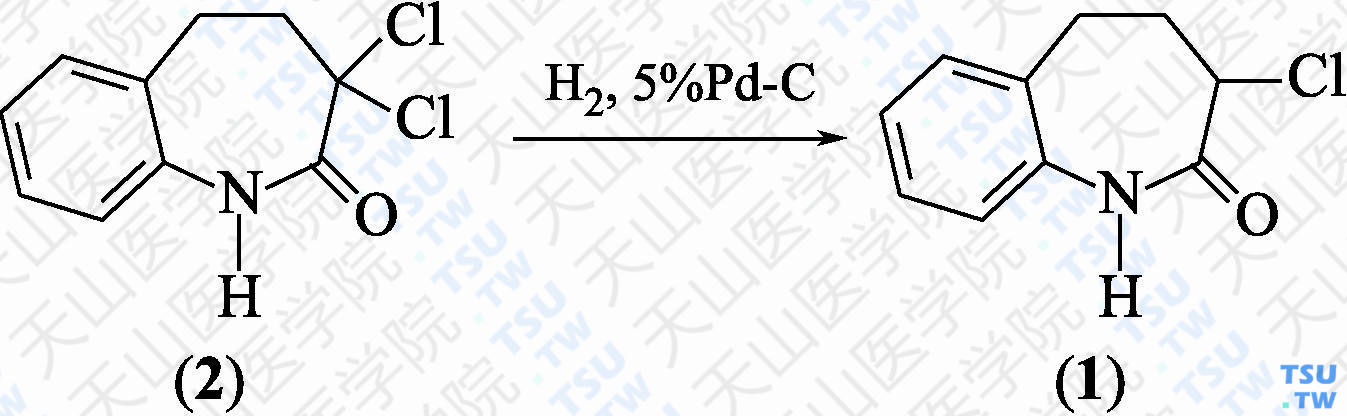 3-氯-4，5-二氢-1<i>H</i>-苯并[<i>b</i>]氮杂䓬-2（3 <i>H</i>）-酮 （分子式：C<sub>10</sub>H<sub>10</sub>ClNO）的合成方法路线及其结构式