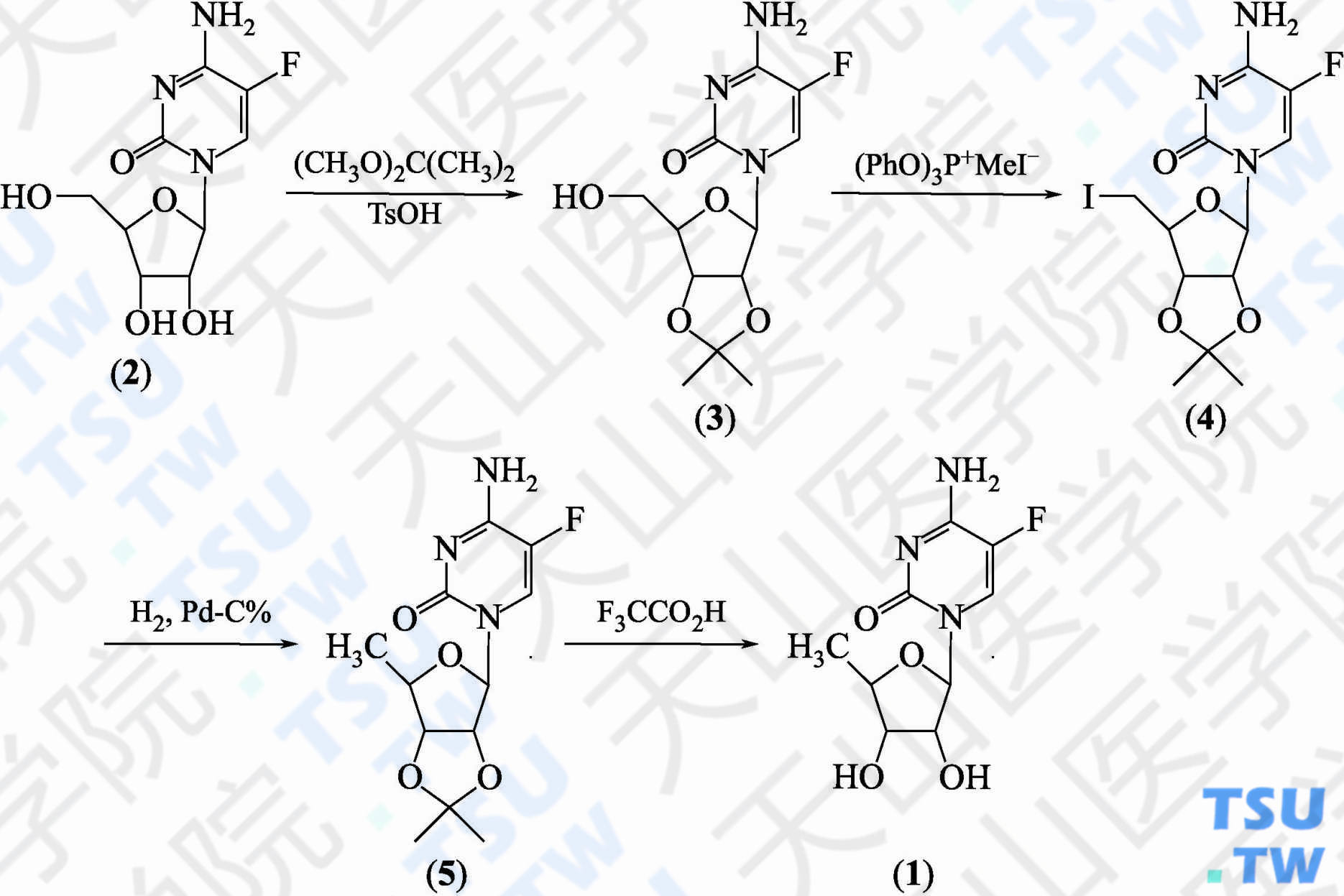 5'-脱氧-5-氟胞苷（分子式：C<sub>9</sub>H<sub>12</sub>FN<sub>3</sub>O<sub>4</sub>）的合成方法路线及其结构式