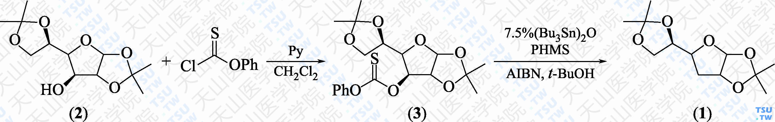 3-脱氧-1，2：5，6-二-<i>O</i>-（1-甲基亚乙基）-<i>α</i>-D-核-己呋喃糖（分子式：C<sub>12</sub>H<sub>20</sub>O<sub>5</sub>）的合成方法路线及其结构式