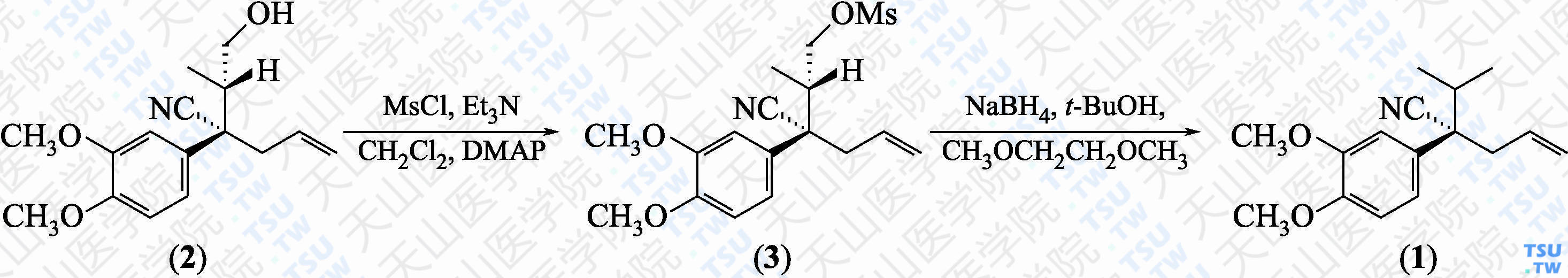 （4<i>S</i>）-（+）-4-氰基-（3，4-二甲氧基苯基）-4-异丙基丁烯-1（分子式：C<sub>16</sub>H<sub>21</sub>NO<sub>2</sub>）的合成方法路线及其结构式