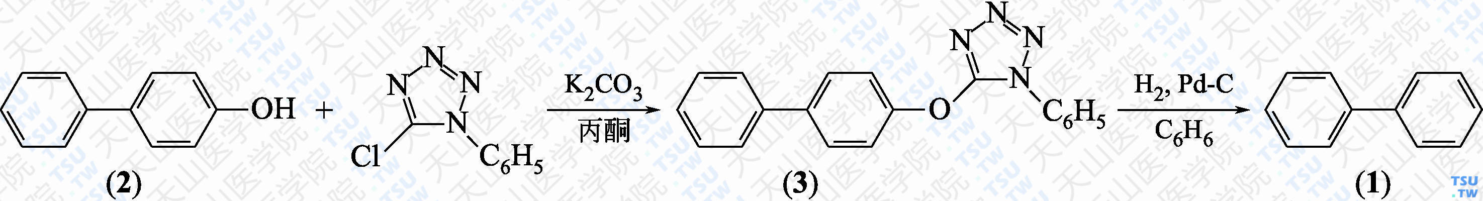 联苯（分子式：C<sub>12</sub>H<sub>10</sub>）的合成方法路线及其结构式