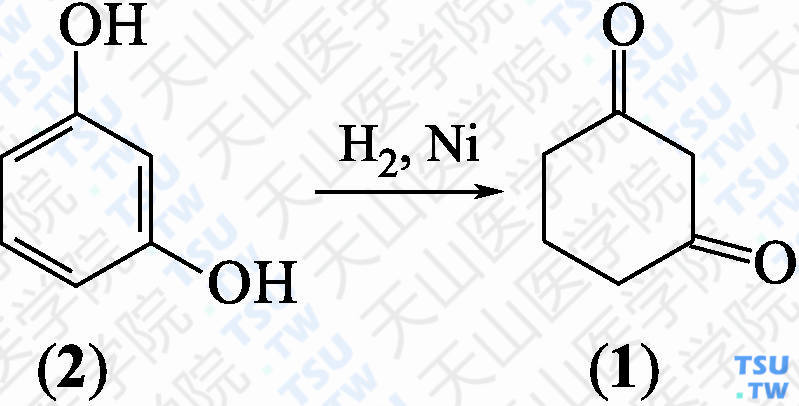 1，3-环己二酮（分子式：C<sub>6</sub>H<sub>8</sub>O<sub>2</sub>）的合成方法路线及其结构式