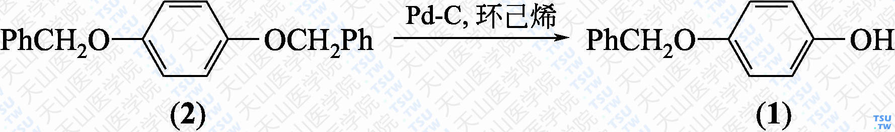 对苄氧基苯酚（分子式：C<sub>13</sub>H<sub>12</sub>O<sub>2</sub>）的合成方法路线及其结构式