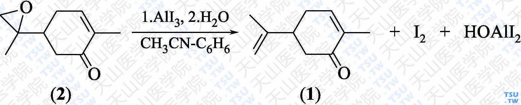 2-甲基-5-（1-丙烯-2-基）环己-2-烯酮（分子式：C<sub>10</sub>H<sub>14</sub>O）的合成方法路线及其结构式