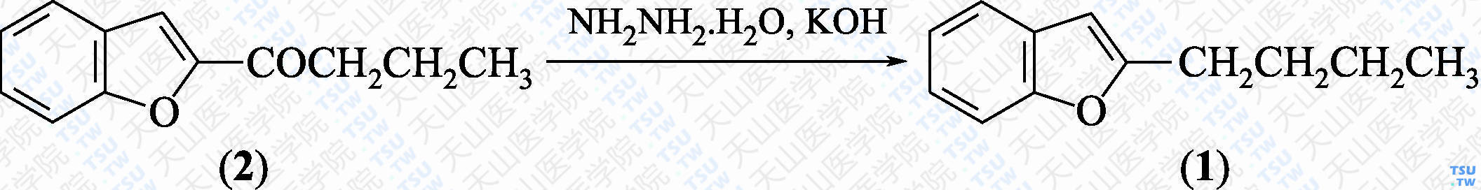 2-丁基苯并呋喃（分子式：C<sub>12</sub>H<sub>14</sub>O）的合成方法路线及其结构式