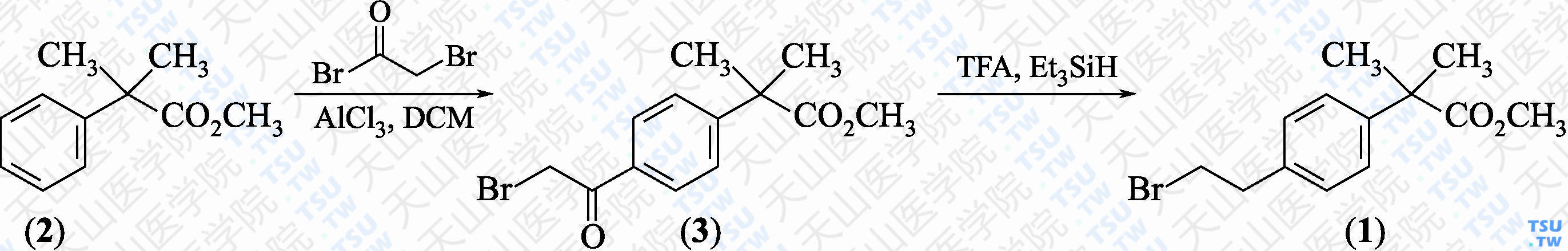 <i>α</i>，<i>α</i>-二甲基-4-（2-溴乙基）苯乙酸甲酯（分子式：C<sub>13</sub>H<sub>17</sub>BrO<sub>2</sub>）的合成方法路线及其结构式