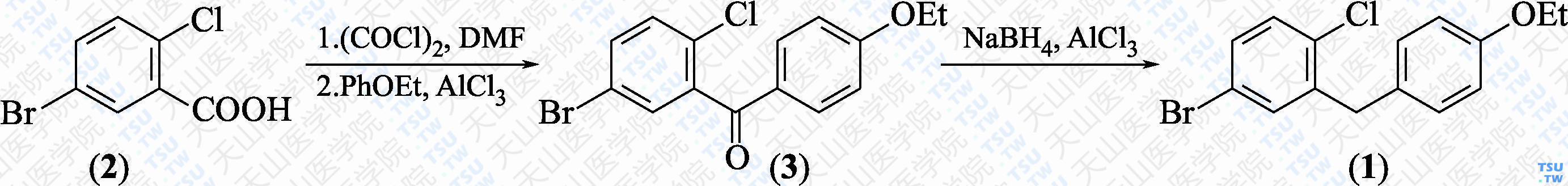 5-溴-2-氯-4'-乙氧基二苯甲烷（分子式：C<sub>15</sub>H<sub>14</sub>BrClO）的合成方法路线及其结构式