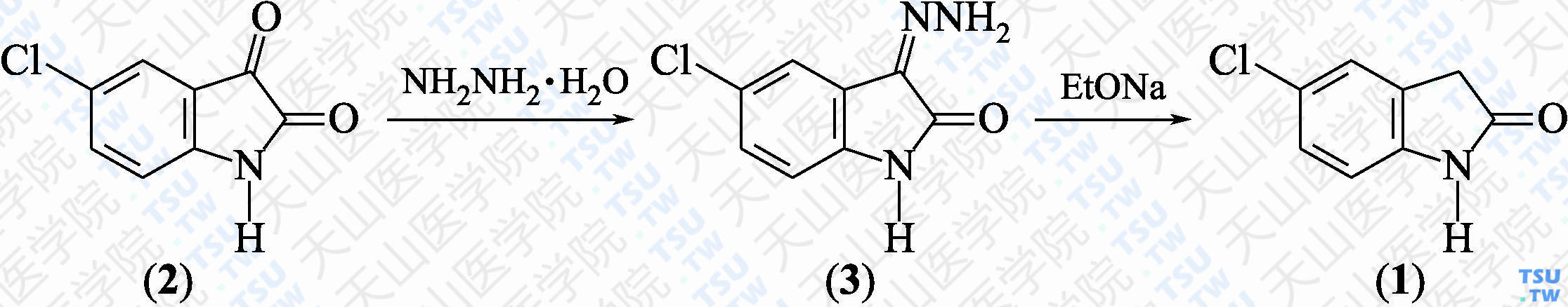 5-氯-二氢吲哚-2-酮（分子式：C<sub>8</sub>H<sub>6</sub>ClNO）的合成方法路线及其结构式