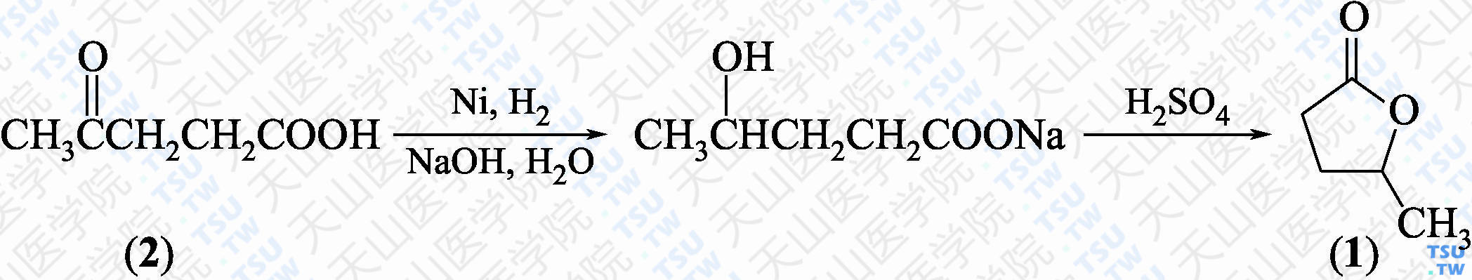 <i>γ</i>-戊内酯（分子式：C<sub>5</sub>H<sub>8</sub>O<sub>2</sub>）的合成方法路线及其结构式