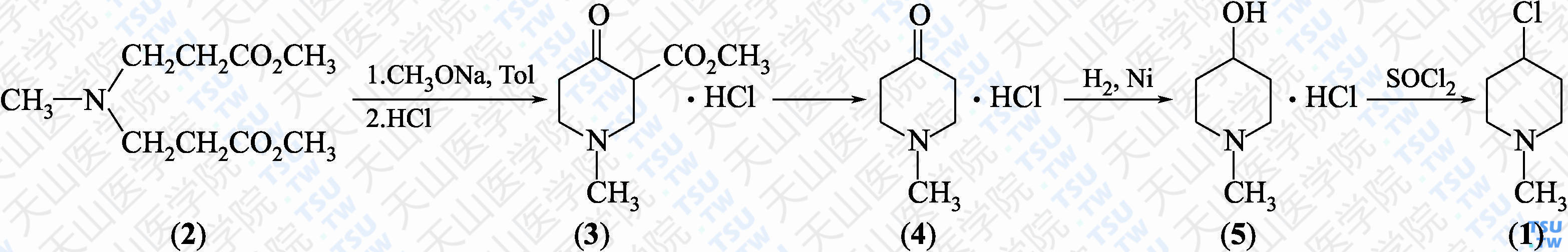 1-甲基-4-氯哌啶（分子式：C<sub>6</sub>H<sub>12</sub>ClN）的合成方法路线及其结构式