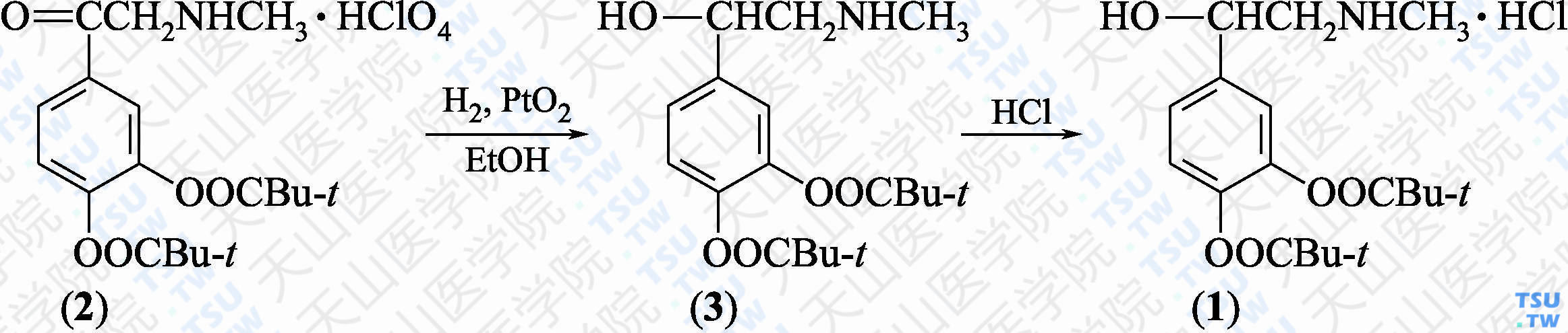 盐酸地匹福林（分子式：C<sub>19</sub>H<sub>29</sub>NO<sub>5</sub>·HCl）的合成方法路线及其结构式