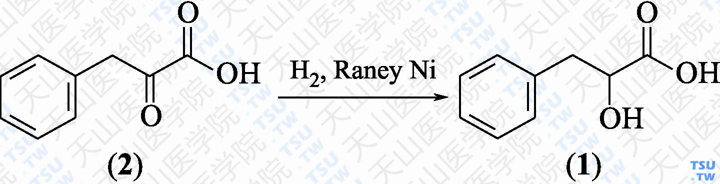 <i>β</i>-苯基乳酸（分子式：C<sub>9</sub>H<sub>10</sub>O<sub>3</sub>）的合成方法路线及其结构式