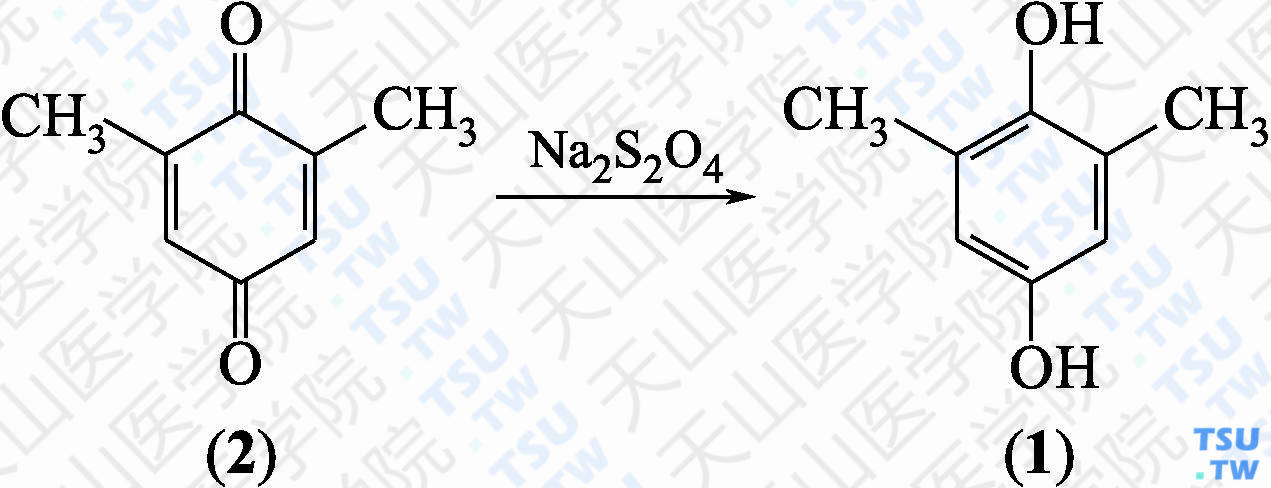 2，6-二甲基对苯二酚（分子式：C<sub>8</sub>H<sub>10</sub>O<sub>2</sub>）的合成方法路线及其结构式