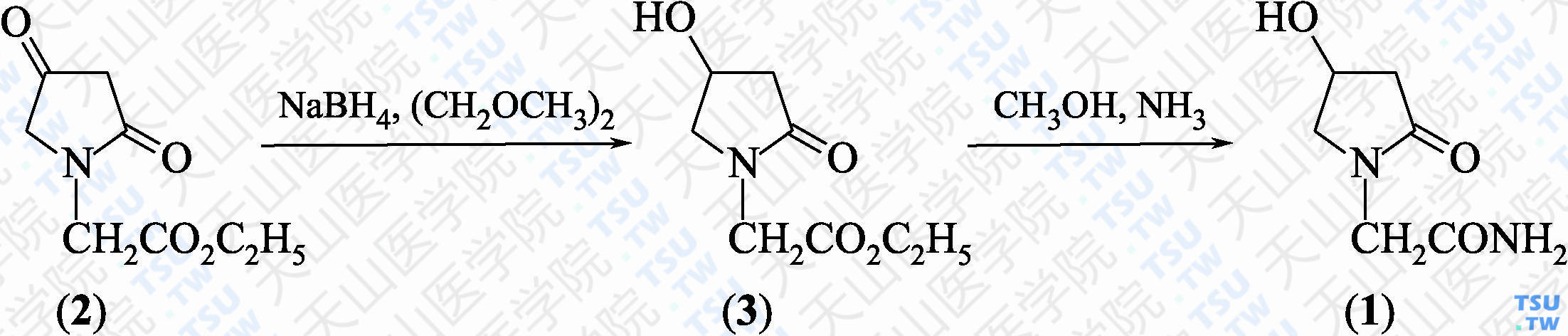 奥拉西坦（分子式：C<sub>6</sub>H<sub>10</sub>N<sub>2</sub>O<sub>3</sub>）的合成方法路线及其结构式