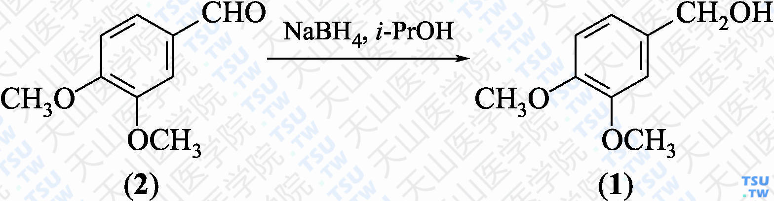 3，4-二甲氧基苄基醇（分子式：C<sub>9</sub>H<sub>12</sub>O<sub>3</sub>）的合成方法路线及其结构式
