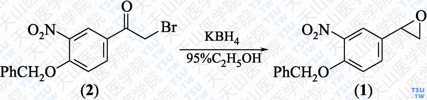 1-（4-苄氧基-3-硝基苯基）环氧乙烷（分子式：C<sub>15</sub>H<sub>13</sub>NO<sub>4</sub>）的合成方法路线及其结构式