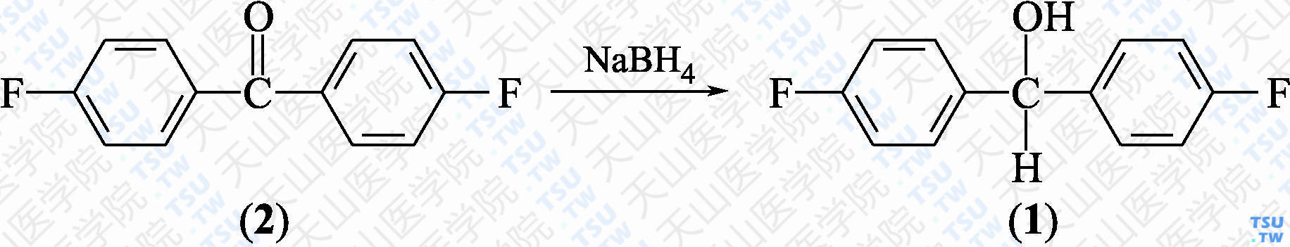 二对氟苯基甲醇（分子式：C<sub>13</sub>H<sub>10</sub>F<sub>2</sub>O）的合成方法路线及其结构式