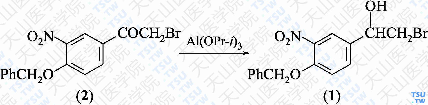 1-（4-苄氧基-3-硝基苯基）-2-溴乙醇（分子式：C<sub>15</sub>H<sub>14</sub>BrNO<sub>4</sub>）的合成方法路线及其结构式