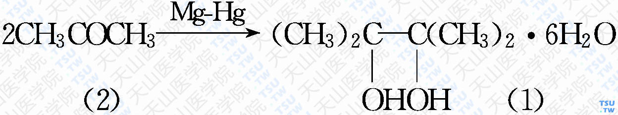 频那醇（分子式：C<sub>6</sub>H<sub>14</sub>O<sub>2</sub>·6H<sub>2</sub>O）的合成方法路线及其结构式