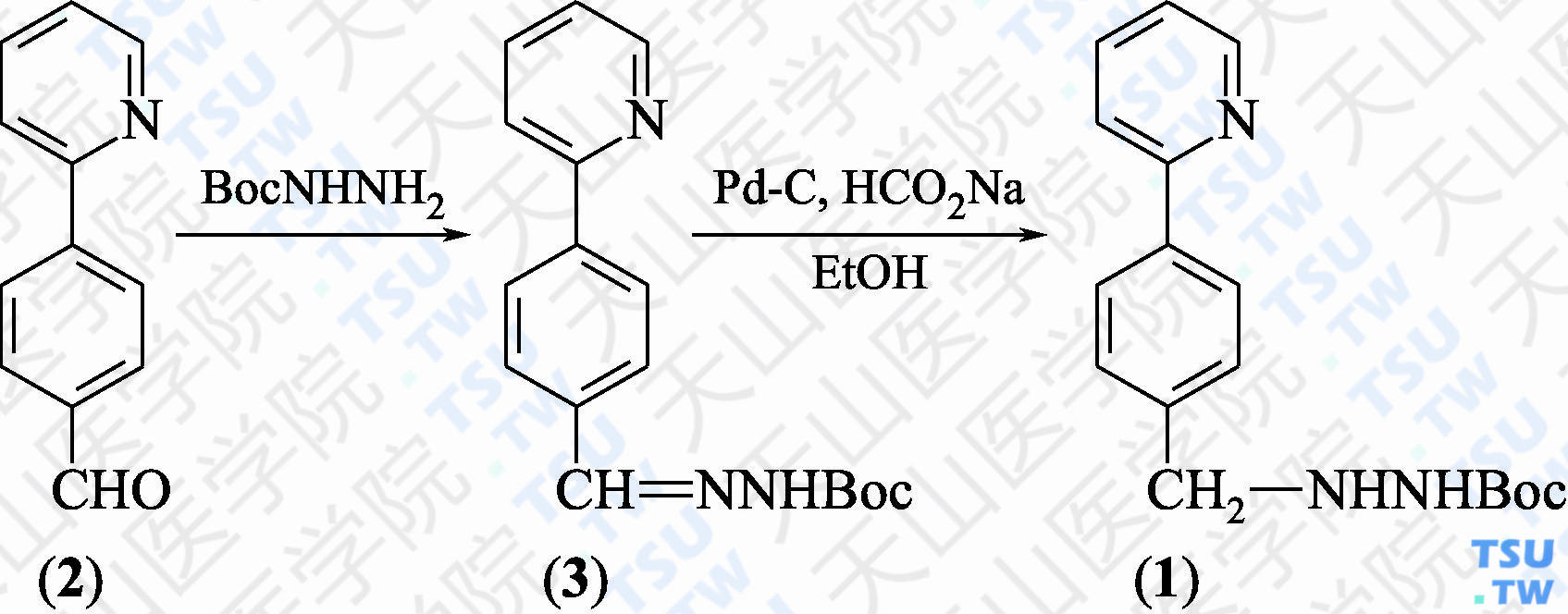 <i>N</i>-（1-叔丁氧羰基）-<i>N</i>-2-[4-（吡啶-2-基）苯亚甲基]肼（分子式：C<sub>17</sub>H<sub>21</sub>N<sub>3</sub>O<sub>2</sub>）的合成方法路线及其结构式