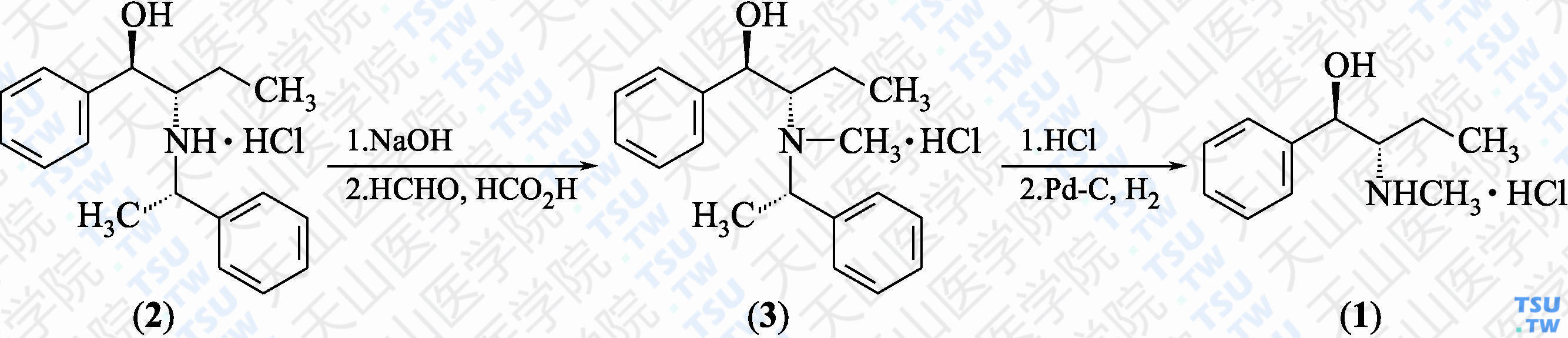（1<i>R</i>，2<i>S</i>）-（-）-麻黄碱盐酸盐（分子式：C<sub>11</sub>H<sub>17</sub>NO·HCl）的合成方法路线及其结构式