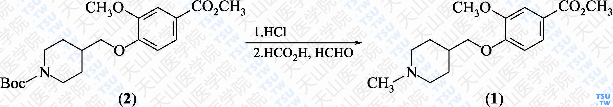 3-甲氧基-4-[（1-甲基哌啶-4-基）甲氧基]苯甲酸甲酯（分子式：C<sub>16</sub>H<sub>23</sub>NO<sub>4</sub>）的合成方法路线及其结构式