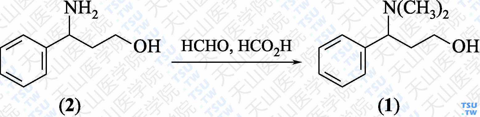 3-二甲氨基-3-苯基丙醇-1（分子式：C<sub>11</sub>H<sub>17</sub>NO）的合成方法路线及其结构式