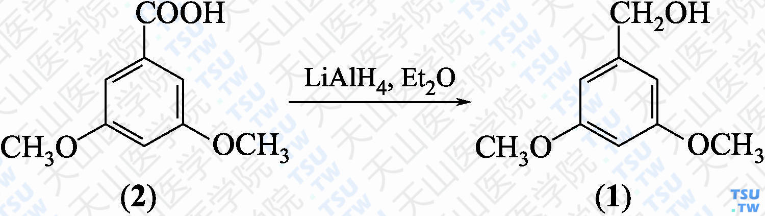 3，5-二甲氧基苯甲醇（分子式：C<sub>9</sub>H<sub>12</sub>O<sub>3</sub>）的合成方法路线及其结构式