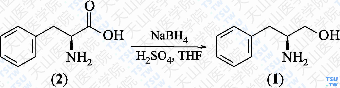 L-苯丙氨醇（分子式：C<sub>9</sub>H<sub>13</sub>NO）的合成方法路线及其结构式