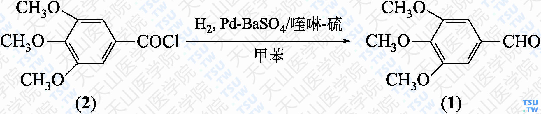 3，4，5-三甲氧基苯甲醛（分子式：C<sub>10</sub>H<sub>12</sub>O<sub>4</sub>）的合成方法路线及其结构式