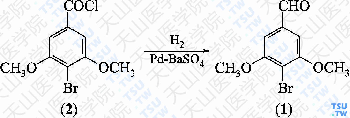 4-溴-3，5-二甲氧基苯甲醛（分子式：C<sub>9</sub>H<sub>9</sub>BrO<sub>3</sub>）的合成方法路线及其结构式