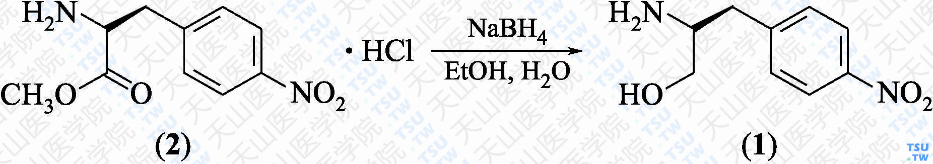 （<i>S</i>）-2-氨基-3-（4-硝基苯基）-1-丙醇（分子式：C<sub>9</sub>H<sub>12</sub>N<sub>2</sub>O<sub>3</sub>）的合成方法路线及其结构式